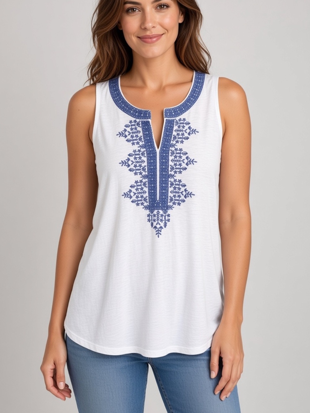 J. Jill NWT White Tank Top with Blue Embroidered Yoke